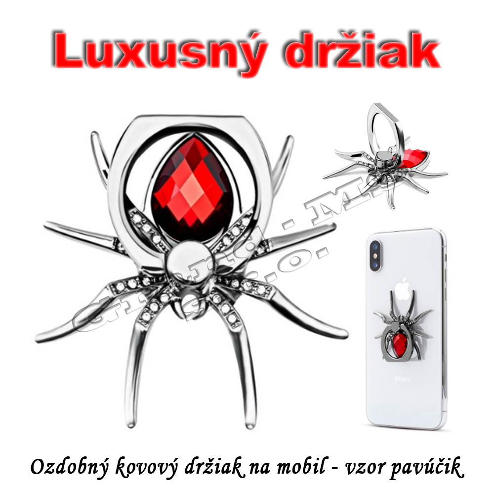 Luxusný kovový držiak na mobil otočný 360° - pavúk červený